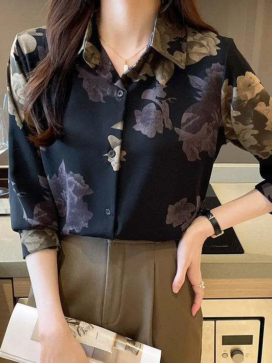 Floral Print Polo Collar Button Shirt, Elegant Long Sleeve