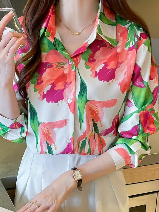 Floral Print Polo Collar Shirt, Casual Long Sleeve