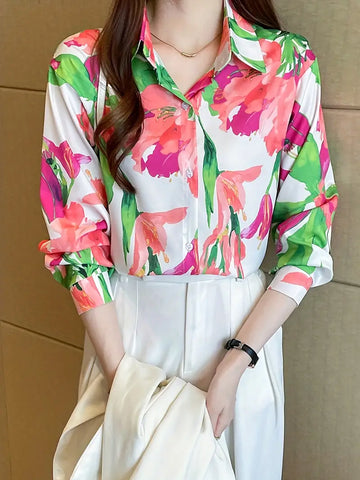 Floral Print Polo Collar Shirt, Casual Long Sleeve