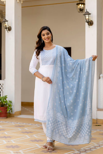 White & Powder Blue Embroidered Cotton Suit Set ❄️