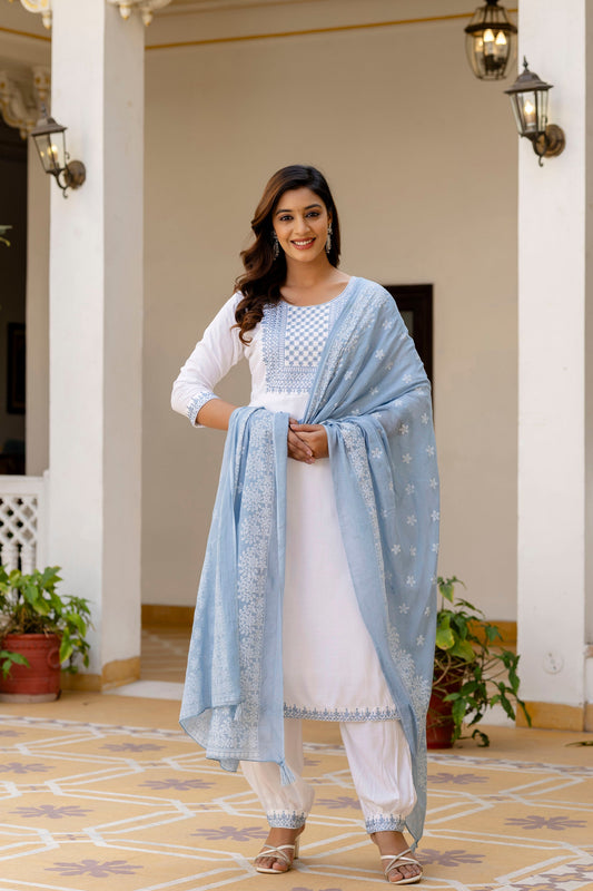 White & Powder Blue Embroidered Cotton Suit Set ❄️