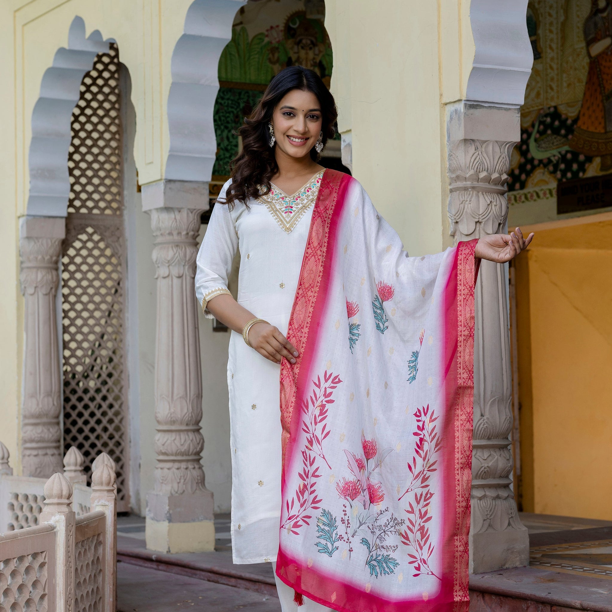 Elegant White Embroidered Suit Set with Pink Dupatta