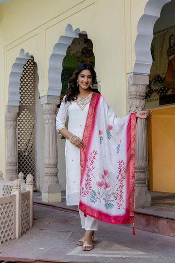 Elegant White Embroidered Suit Set with Pink Dupatta