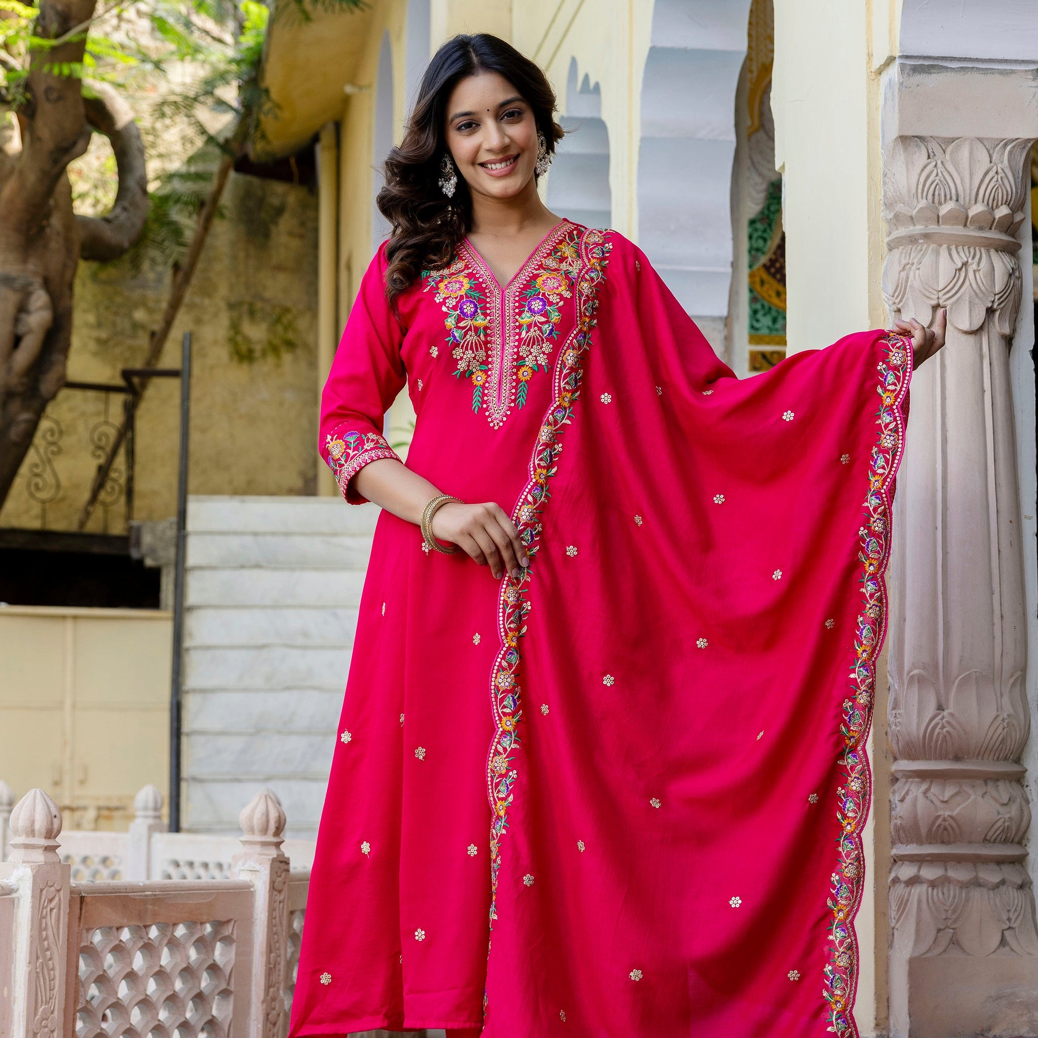 Fuchsia Floral Embroidered Anarkali Set