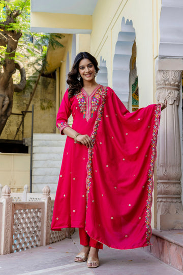 Fuchsia Floral Embroidered Anarkali Set