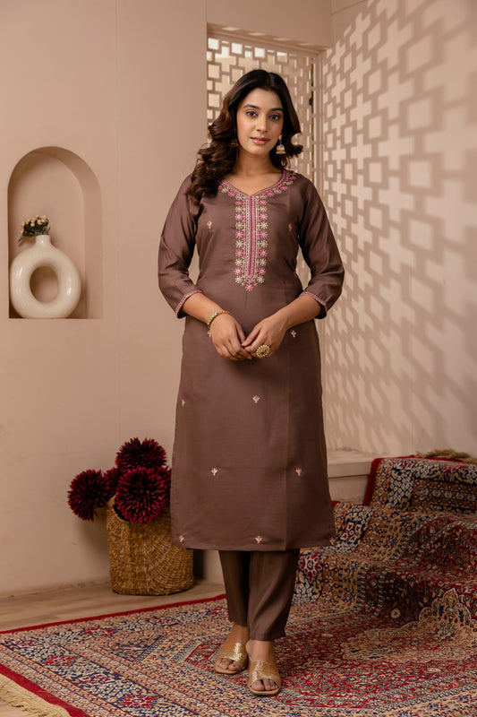 Brown Floral Embroidered Suit Set with Pink Dupatta