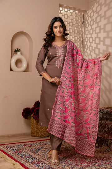 Brown Floral Embroidered Suit Set with Pink Dupatta