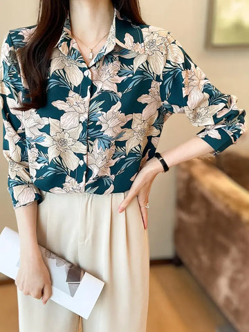 Floral Print Button Down Shirt, Elegant Long Sleeve