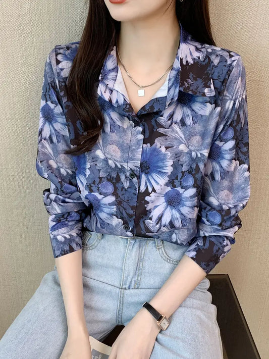 Vintage Floral Print Button Front Shirt, Casual Collar Long Sleeve