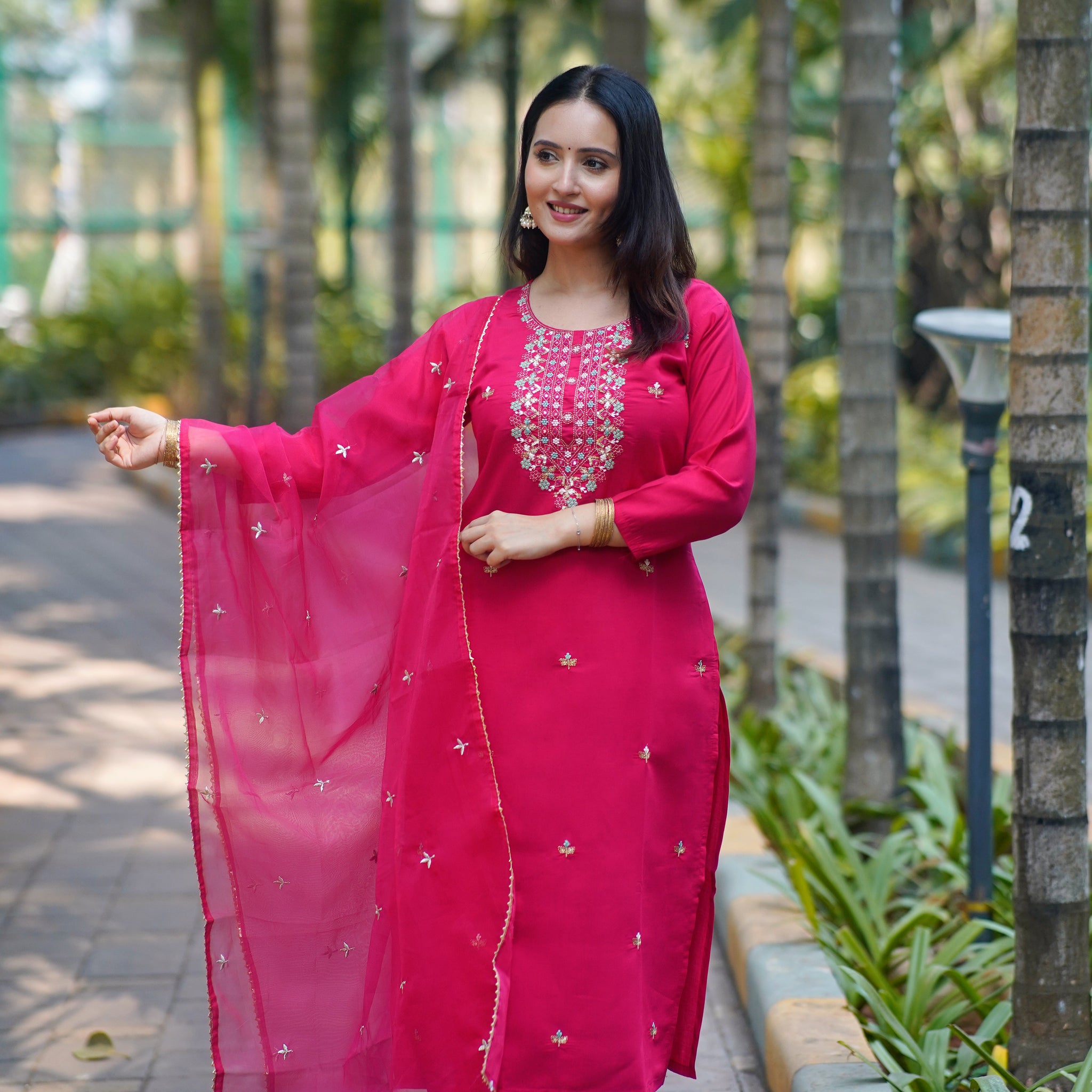 Hot Pink Mirror Embroidered Kurta Set ✨