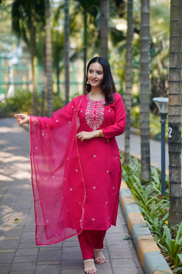 Hot Pink Mirror Embroidered Kurta Set ✨
