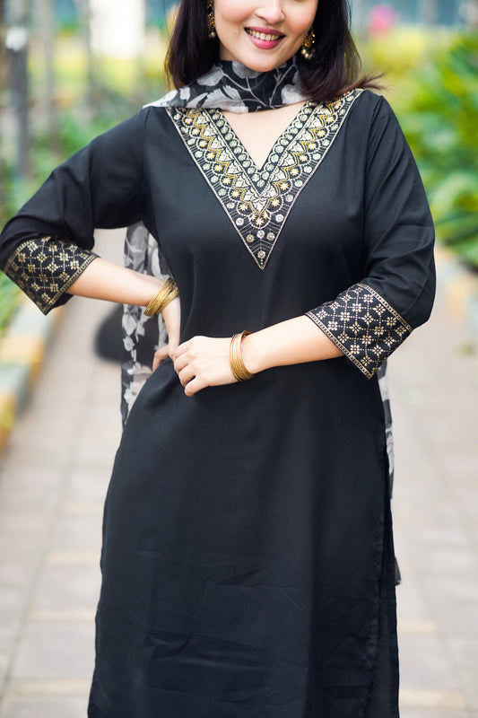 Black Mirror Work Kurta Set with Floral Organza Dupatta