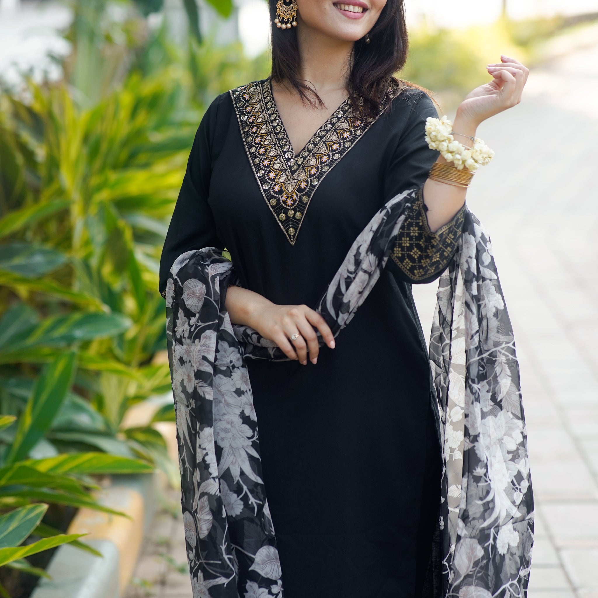 Black Mirror Work Kurta Set with Floral Organza Dupatta