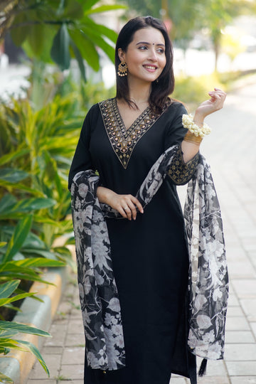 Black Mirror Work Kurta Set with Floral Organza Dupatta