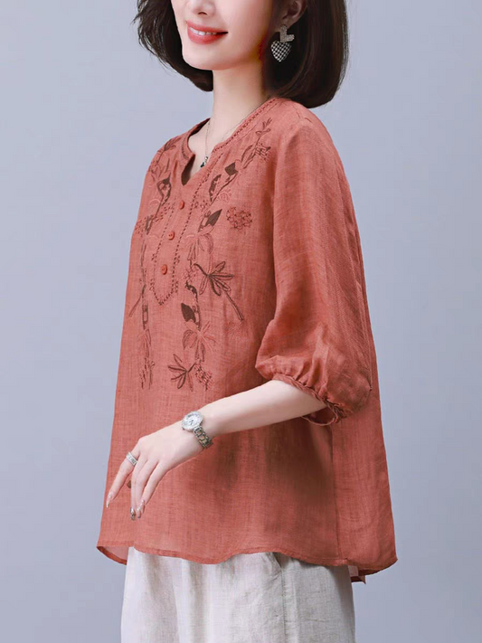 Rustic Bloom Embroidered Peasant Top