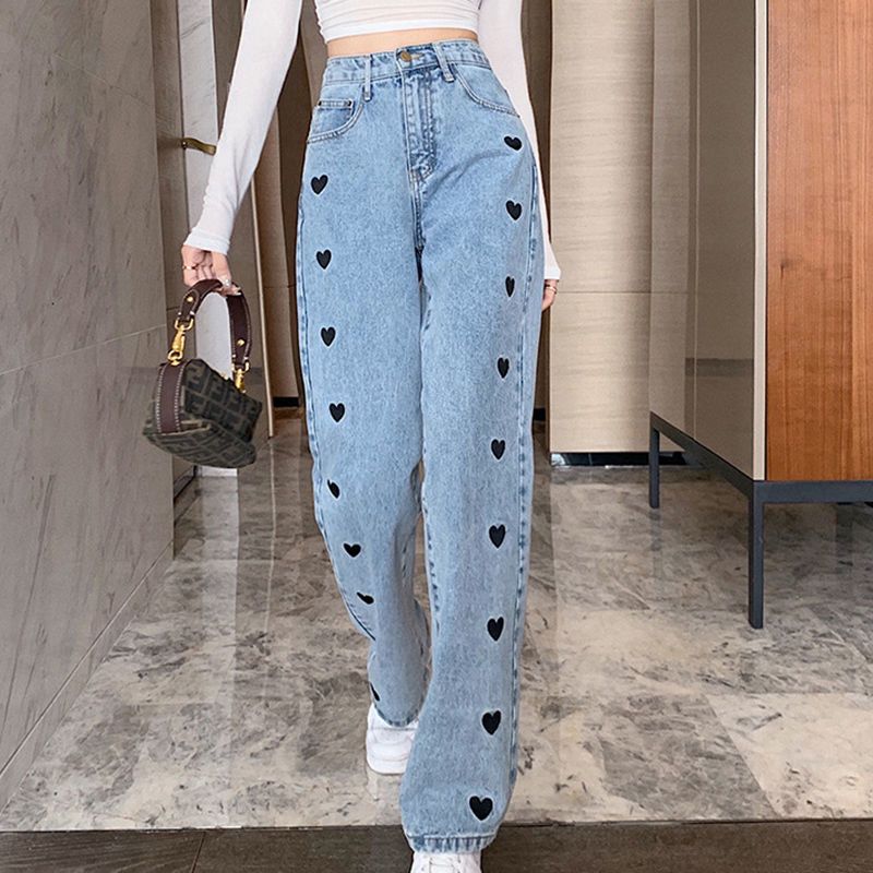 Black Heart Embroidered Straight Fit Denim Jeans